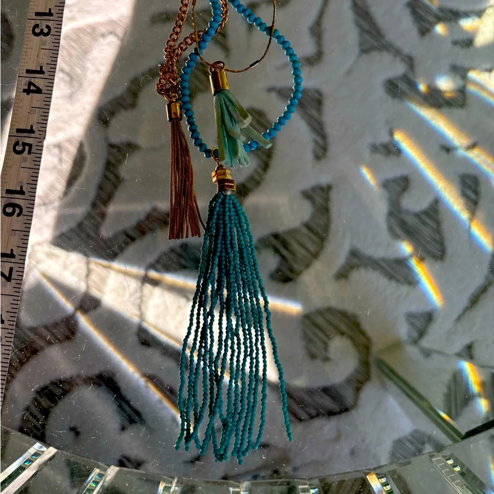 Express Long turquoise gold chain tassel necklace